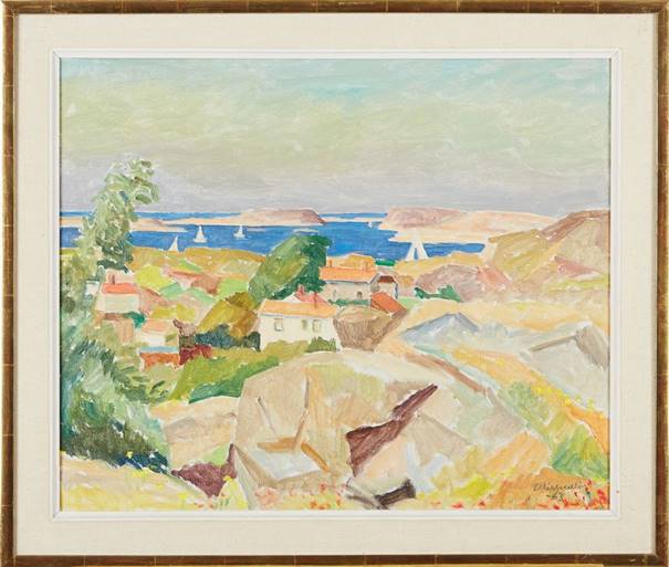 Ellis Wallin En flik blått vatten 54x65 cm, sign Ellis Wallin -63